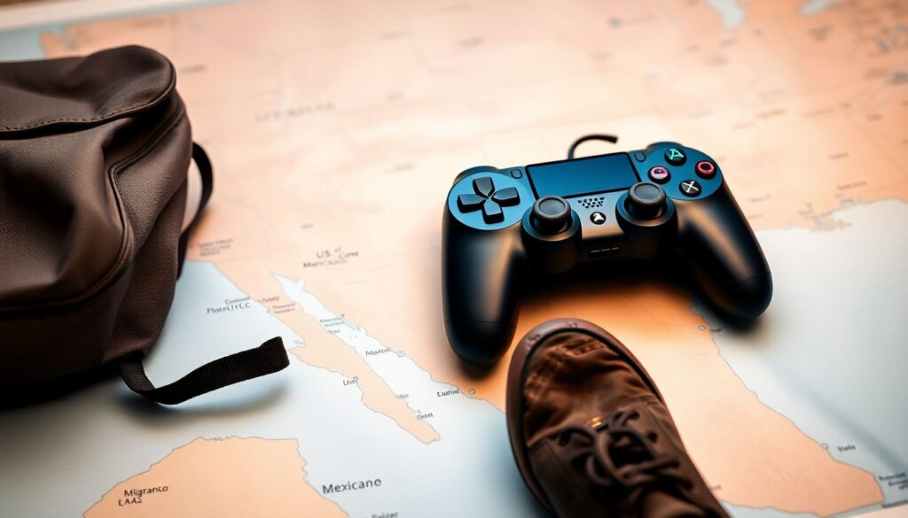 A game controller resting on a map of the U.S.-Mexico border, with a migrant's backpack and a pair of worn-out shoes in the foreground, symbolizing the journey and struggles of migrants.