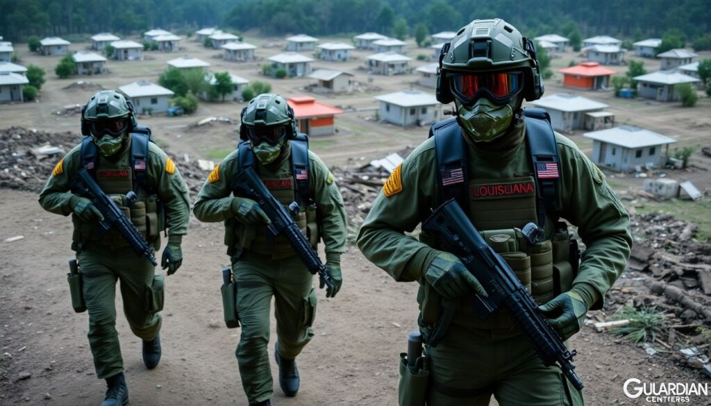 A photograph of Louisiana National Guard members in full CBRNE gear, navigating a simulated disaster zone at Guardian Centers of Georgia, with the facility's sprawling, realistic structures in the background.