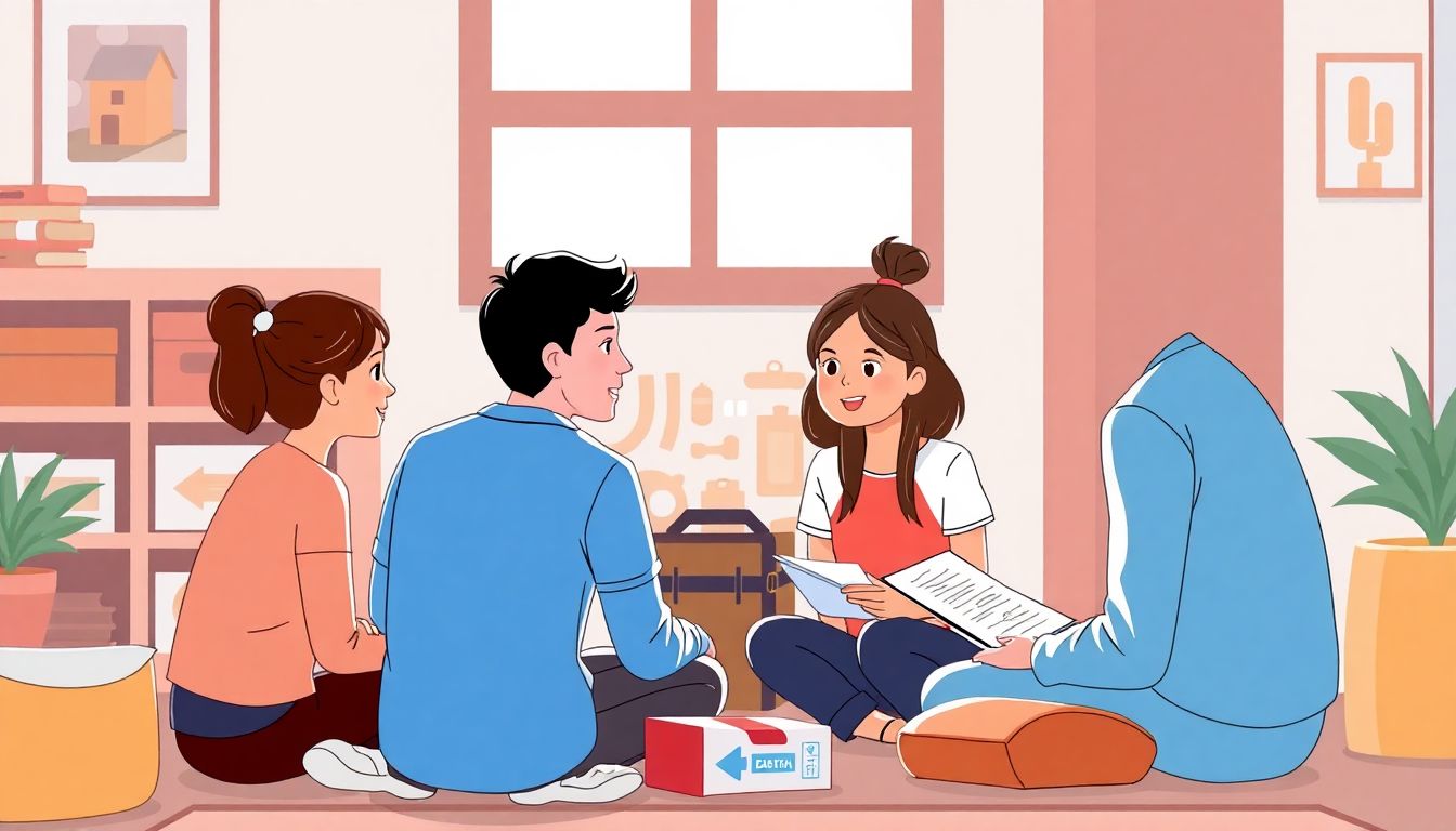 An illustration of a family discussing and practicing their emergency plan, with a packed emergency kit visible in the background.