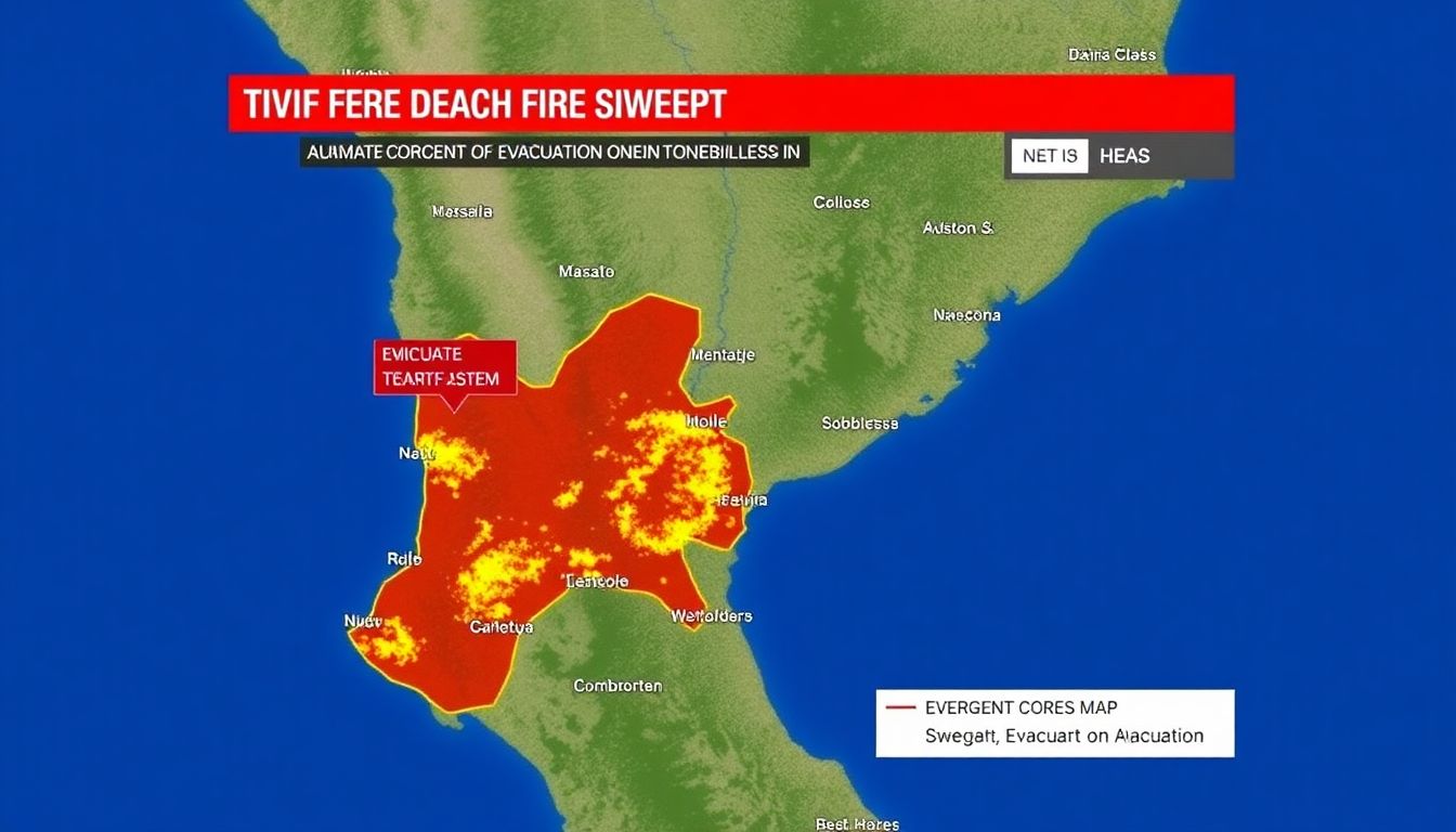 A screenshot of a local news website or emergency alert system, with a map showing active fires and evacuation zones.