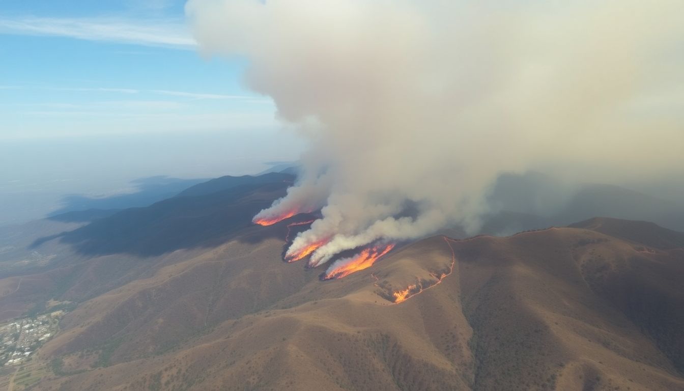 An aerial view of the Franklin Fire burning through the hills of Malibu, with smoke billowing into the sky.