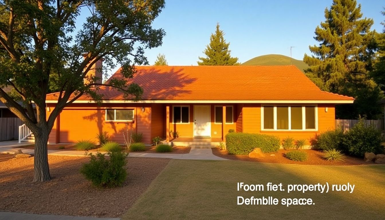 A photo of a home with fire-resistant features, such as a Class A fire-resistant roof and a cleared defensible space around the property.