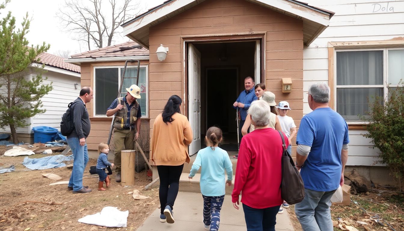 A photo of a family returning to their home after a wildfire, with community members offering support and assistance.