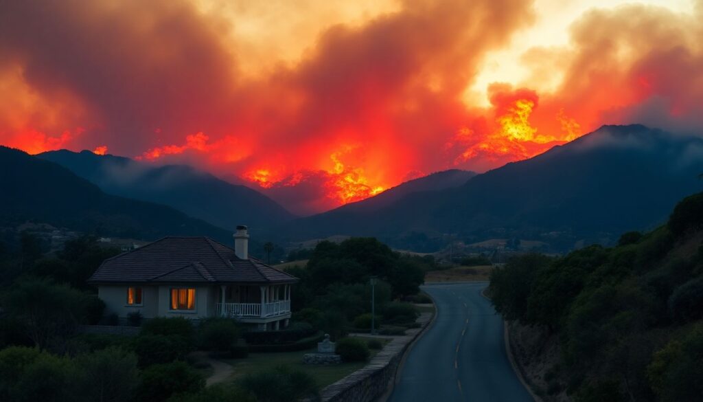 A dramatic image of the Franklin Fire raging in Malibu, with Cher's home in the foreground, and a small, safe-looking evacuation route leading away from the fire.