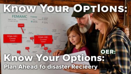 A photo of a determined prepper family checking a map, with closed FEMA DRCs marked in red, and open centers in green, with the caption 'Know Your Options: Plan Ahead for Disaster Recovery'