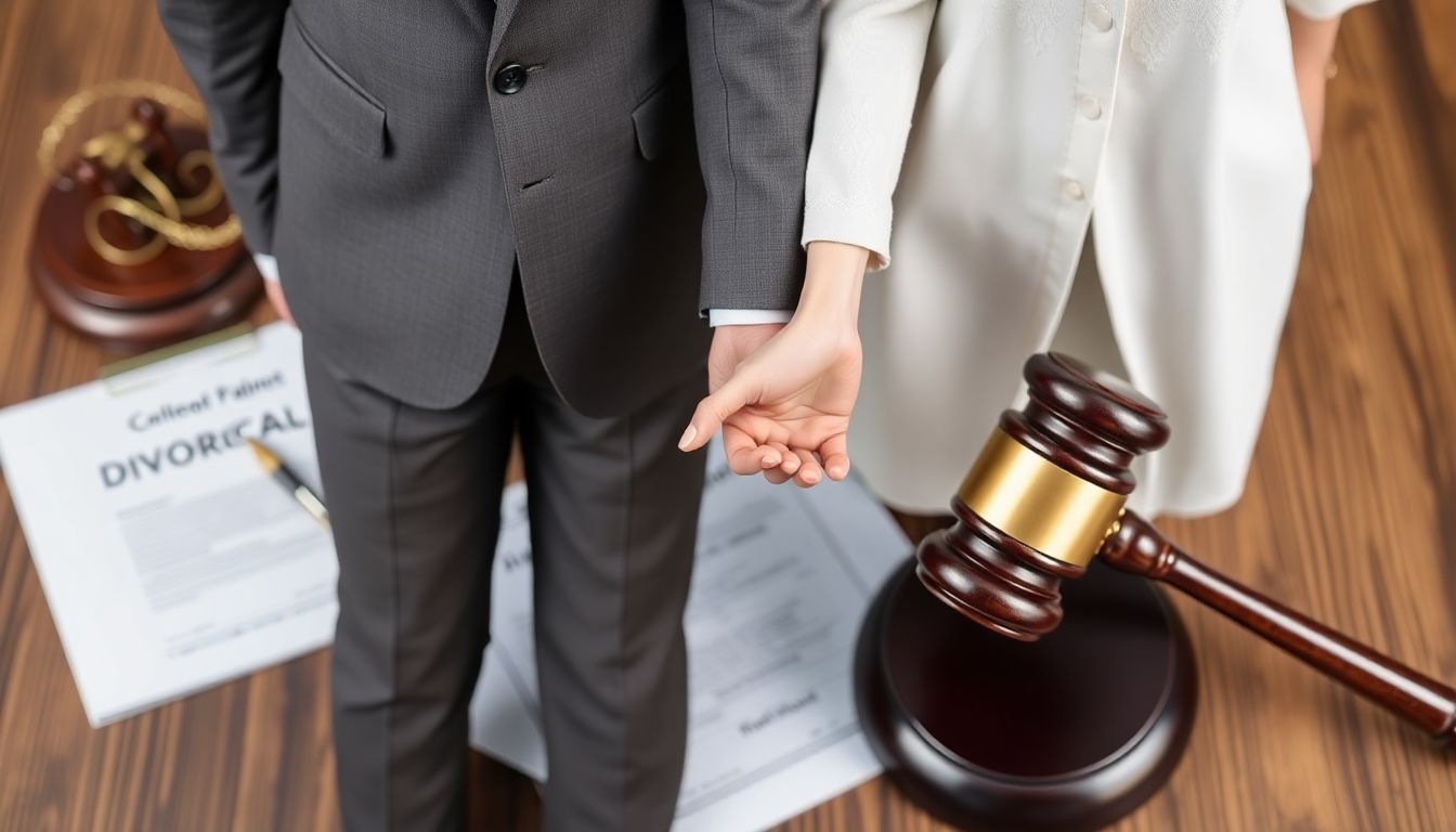 A couple holding hands, symbolizing their love marriage, with a court gavel and divorce papers in the background