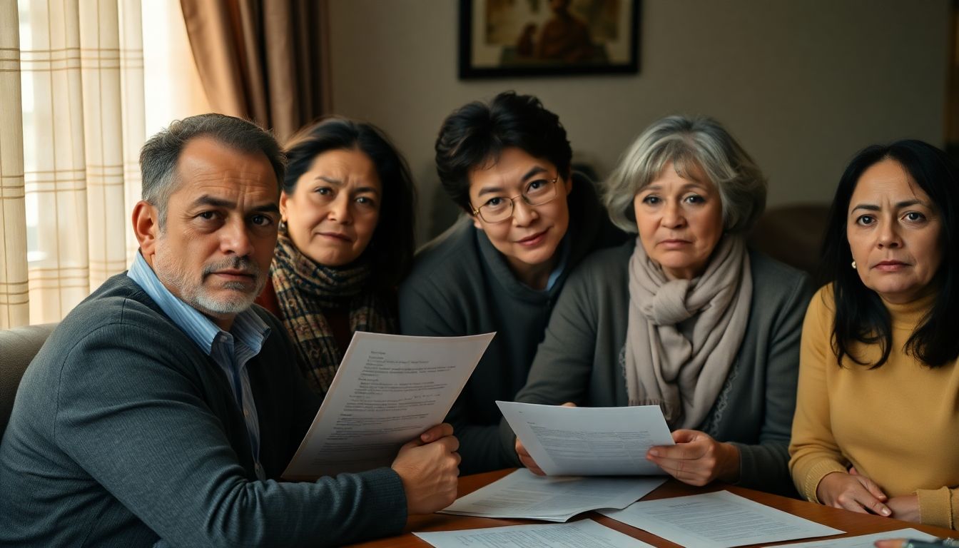 A somber family gathering, with legal documents and a thoughtful expression on the faces of the family members