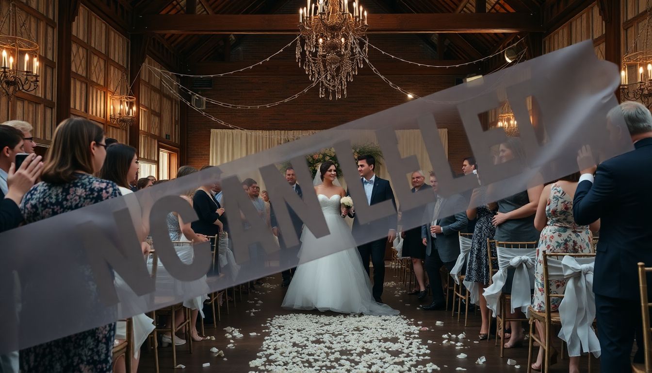 A cancelled wedding procession, with shocked guests and abandoned decorations