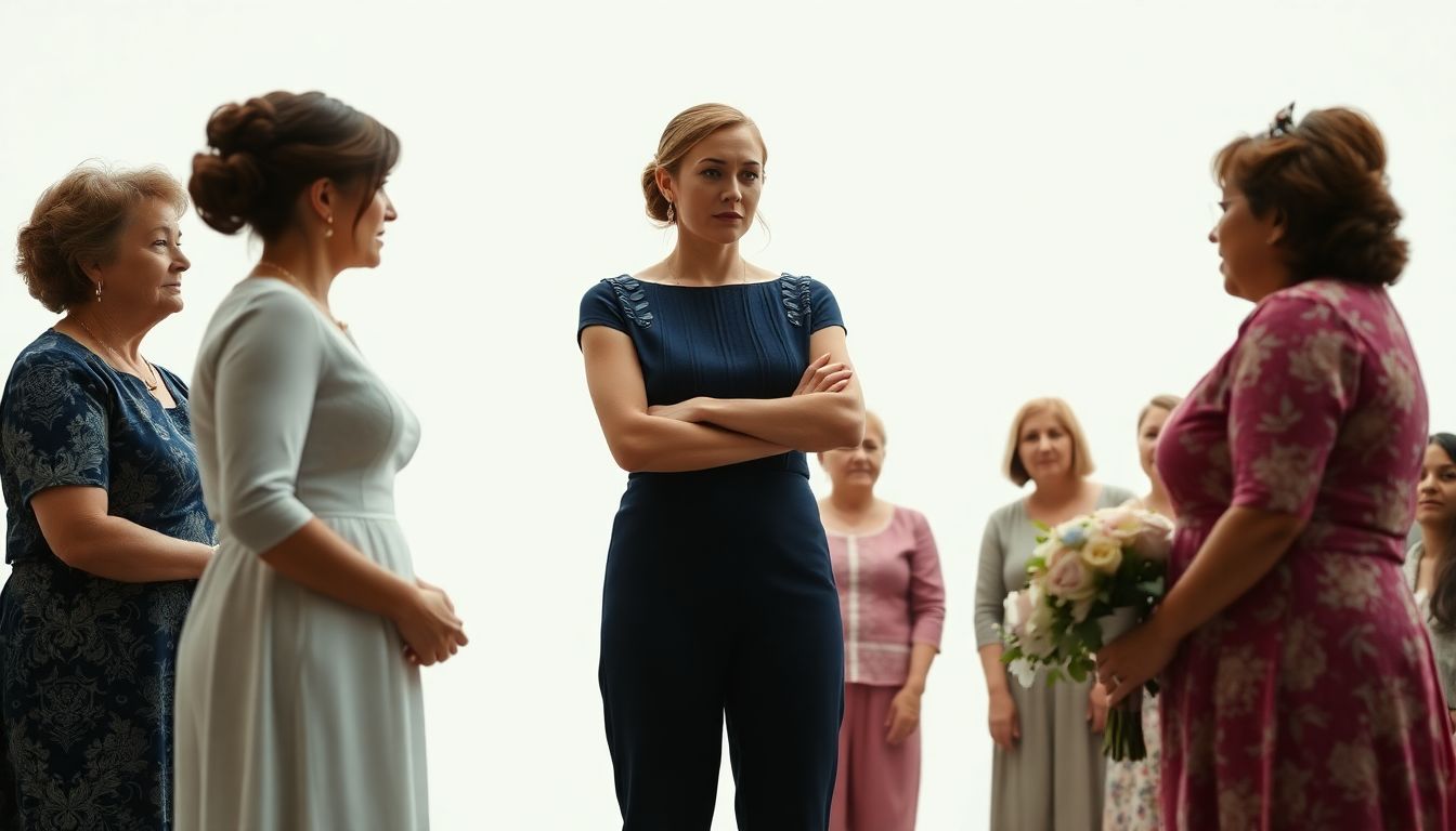 A woman standing defiantly, with her mother by her side, confronting a shocked bride and her family