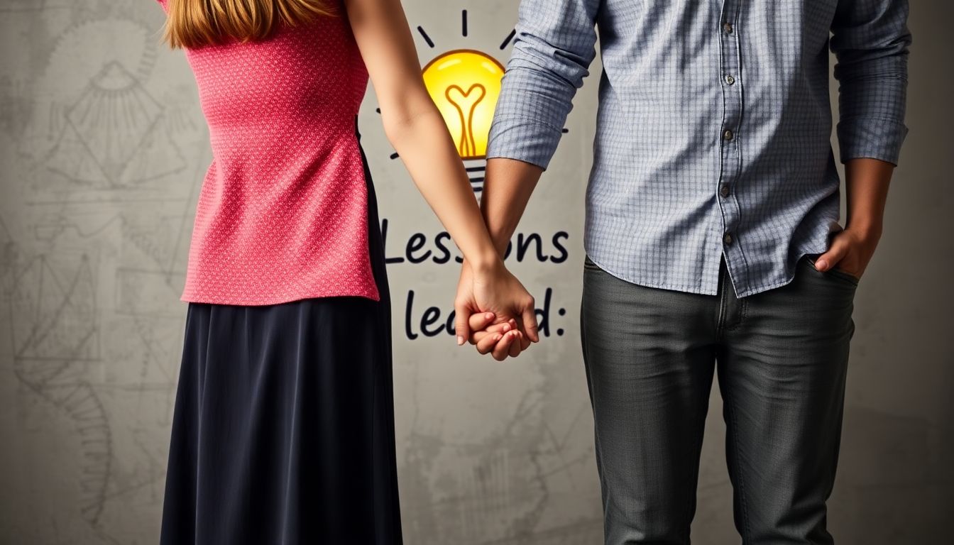 A thought-provoking image of a couple holding hands, with a lightbulb moment or a 'lessons learned' sign in the background