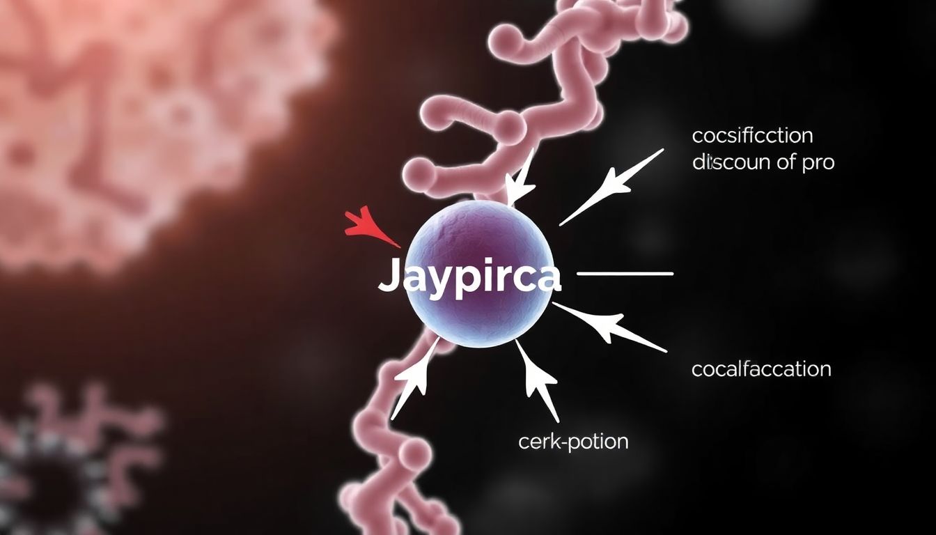 An illustration of a BTK protein with Jaypirca bound to it via non-covalent bonds, with arrows showing the disruption of key cascades in cancer cells.