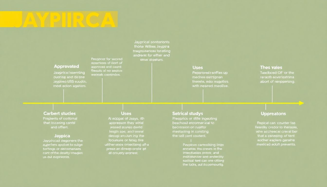 A timeline infographic showing Jaypirca's approval, current uses, and upcoming studies in the BRUIN program.