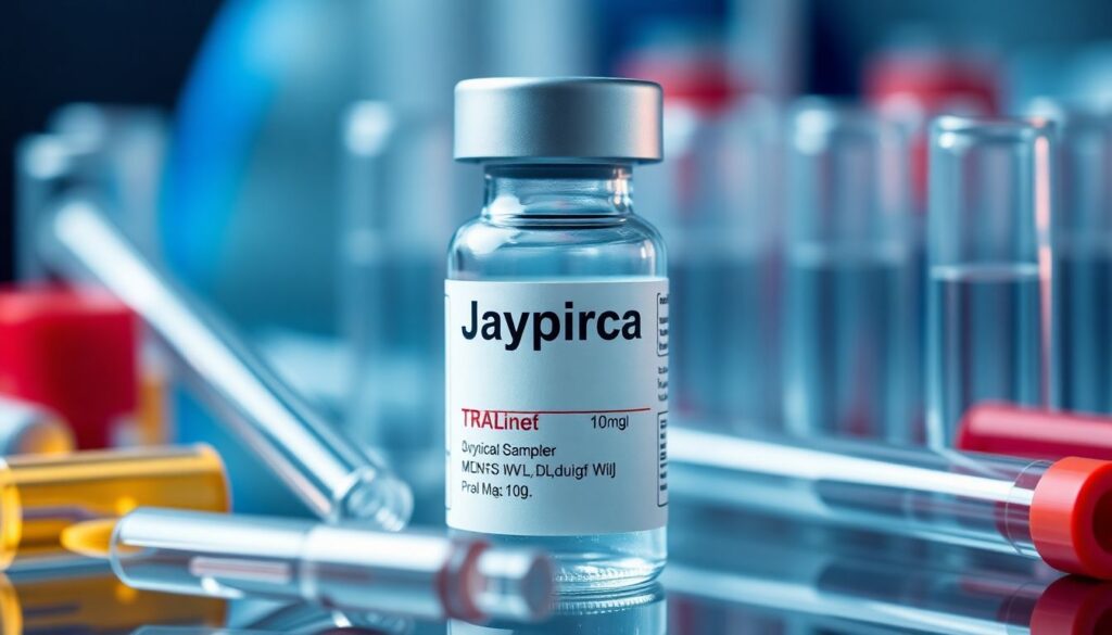 A close-up of a vial of medication, with the label 'Jaypirca' visible, surrounded by test tubes and medical equipment, symbolizing the clinical trial and research behind the drug.