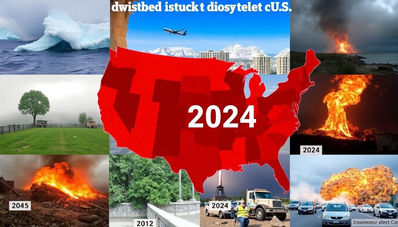 A collage of images representing the various types of disasters that struck the U.S. in 2024, with captions indicating the number of each type of disaster.