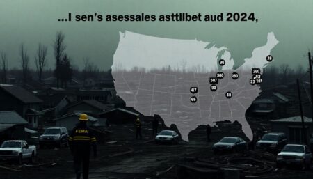 A stark, dramatic image of a devastated American town, with FEMA personnel aiding survivors, set against a backdrop of a map of the U.S. marked with the 179 disaster points from 2024.