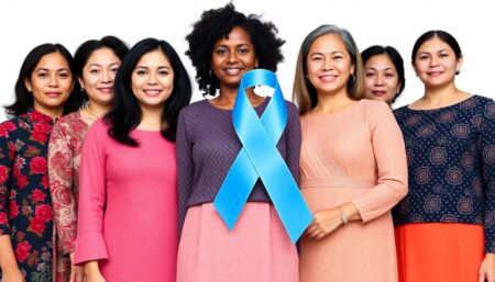 A diverse group of Asian American women, each representing a unique ethnic subgroup, standing united against ovarian cancer, with a prominent ovarian cancer awareness ribbon in the foreground.