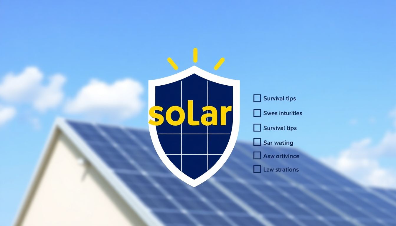 A solar company logo with a shield and a checklist of survival tips in the background.