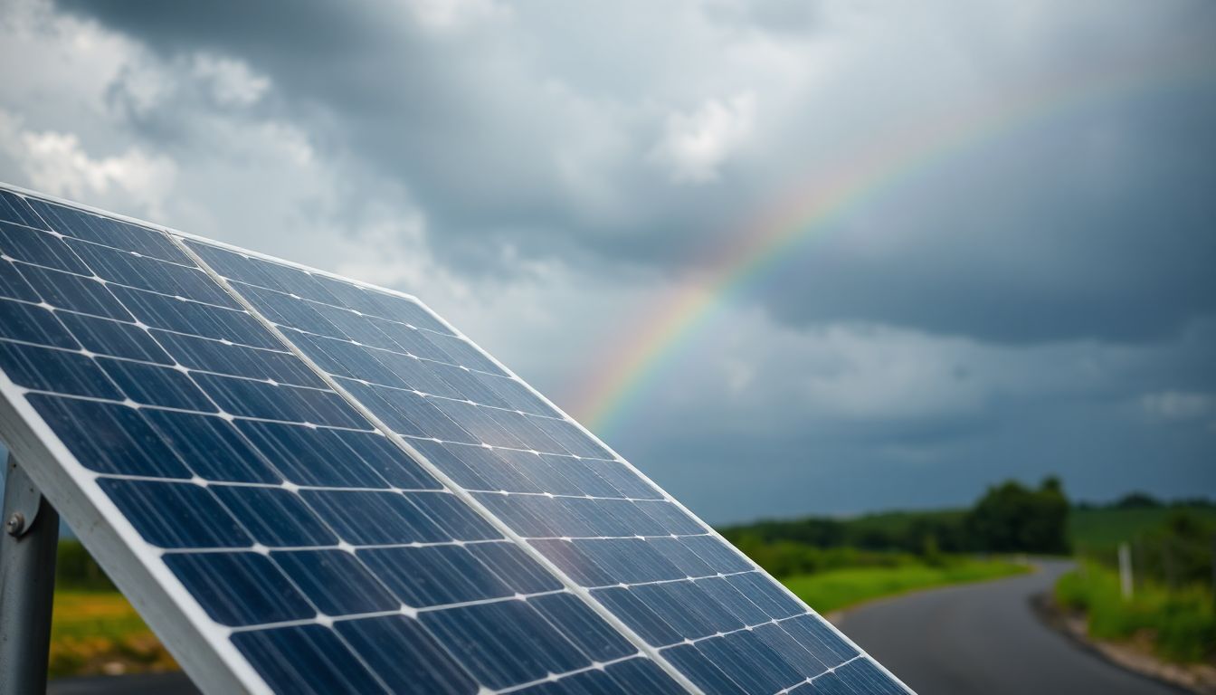 A solar panel weathering a storm, with a rainbow in the background, representing the road ahead.