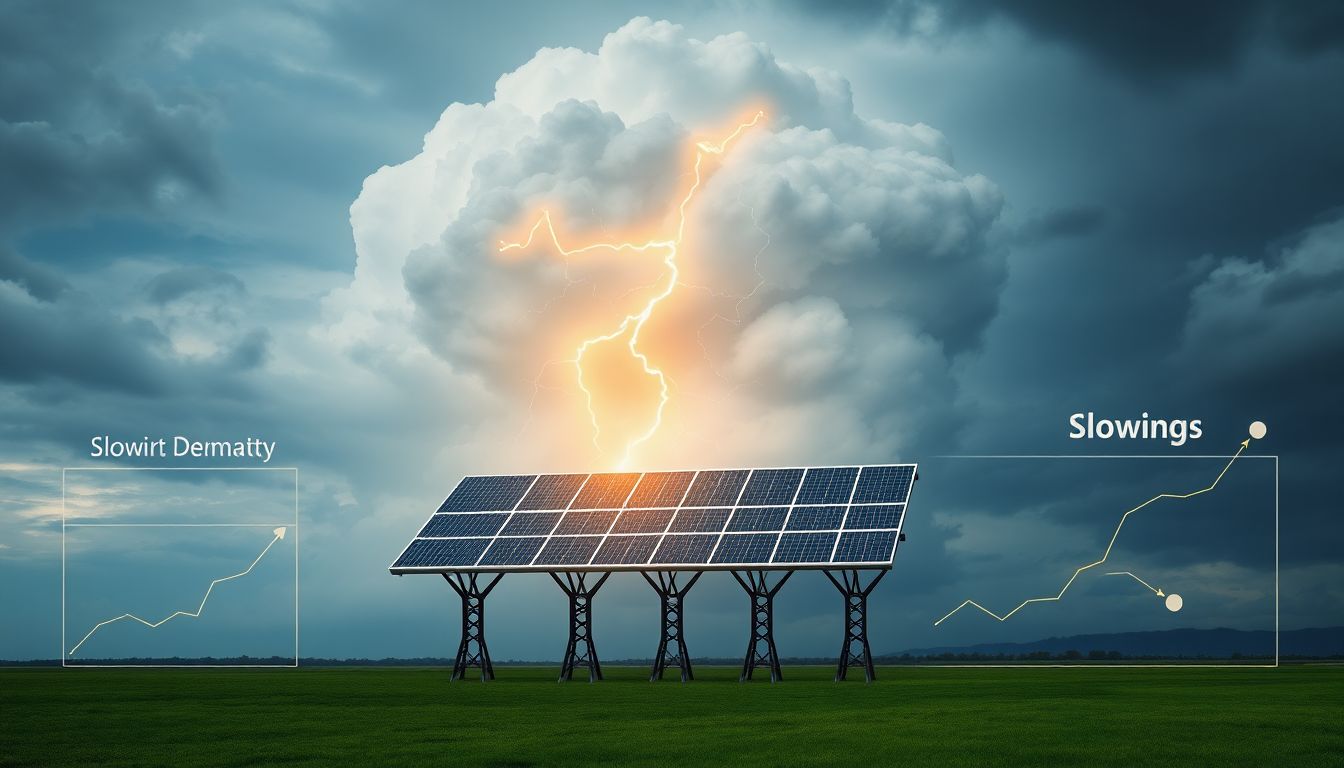 A storm cloud with solar panels as lightning rods, surrounded by graphs showing overcapacity and slowing demand.