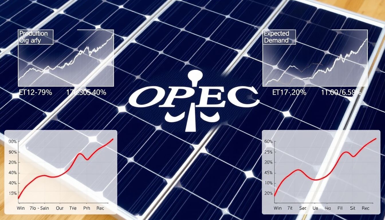 A solar panel with an OPEC logo on it, surrounded by graphs showing production quotas and expected demand.