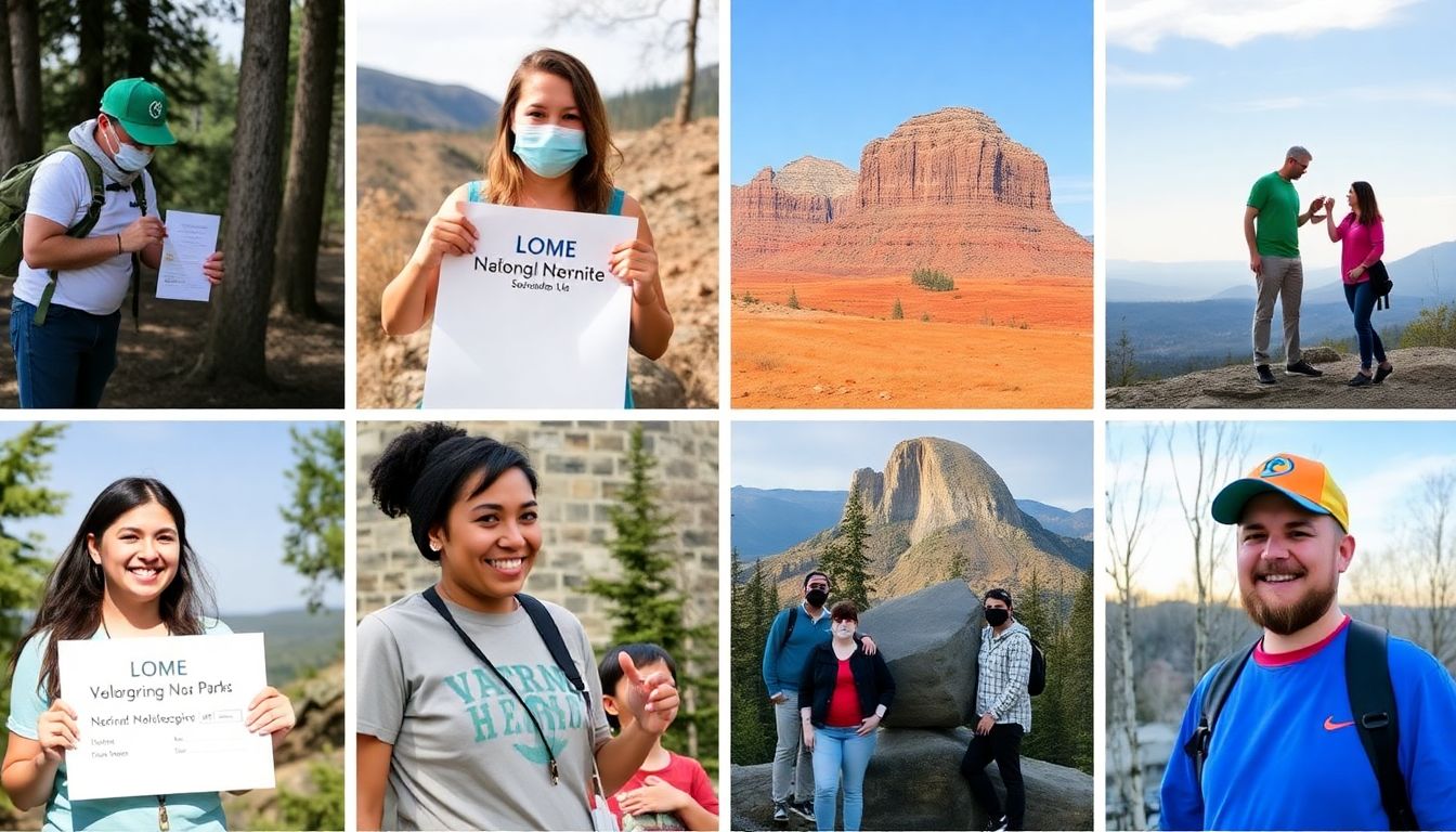 A collage of photos showing people volunteering, donating, and enjoying national parks.