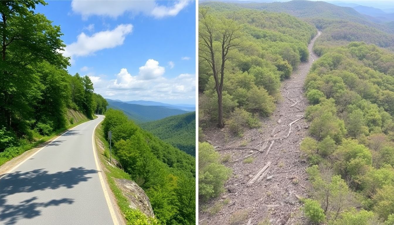 A before-and-after photo of a section of the Blue Ridge Parkway, showing the extent of Hurricane Helene's damage.