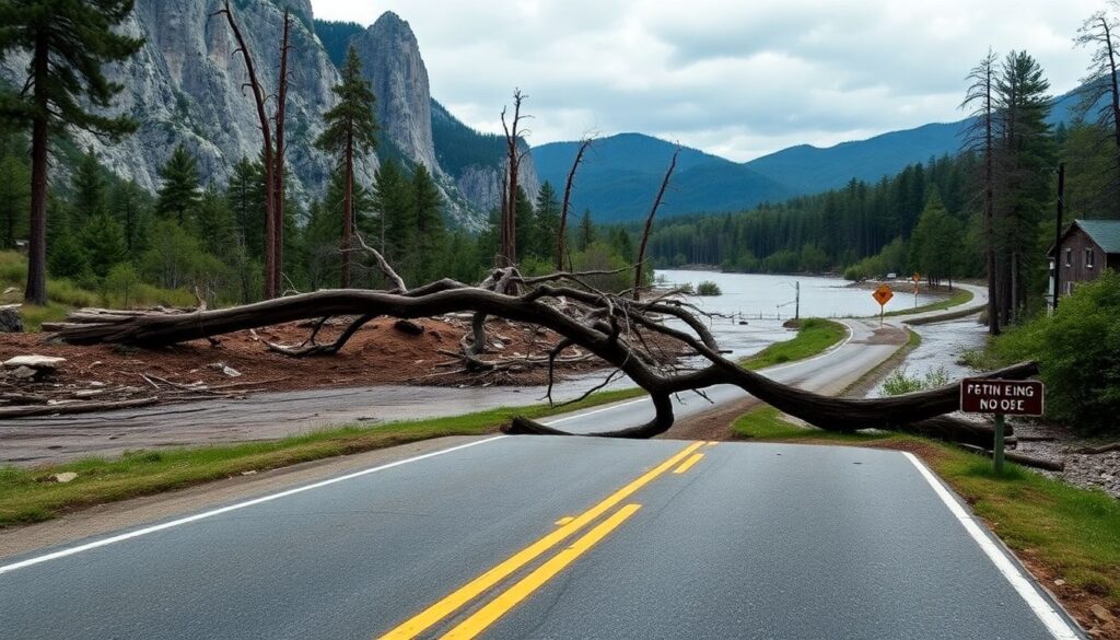 A striking image of a damaged national park, such as a fallen tree blocking a trail in Yosemite or a flooded campsite in Acadia, with the Blue Ridge Parkway's damaged road in the foreground, symbolizing the urgent need for disaster aid.