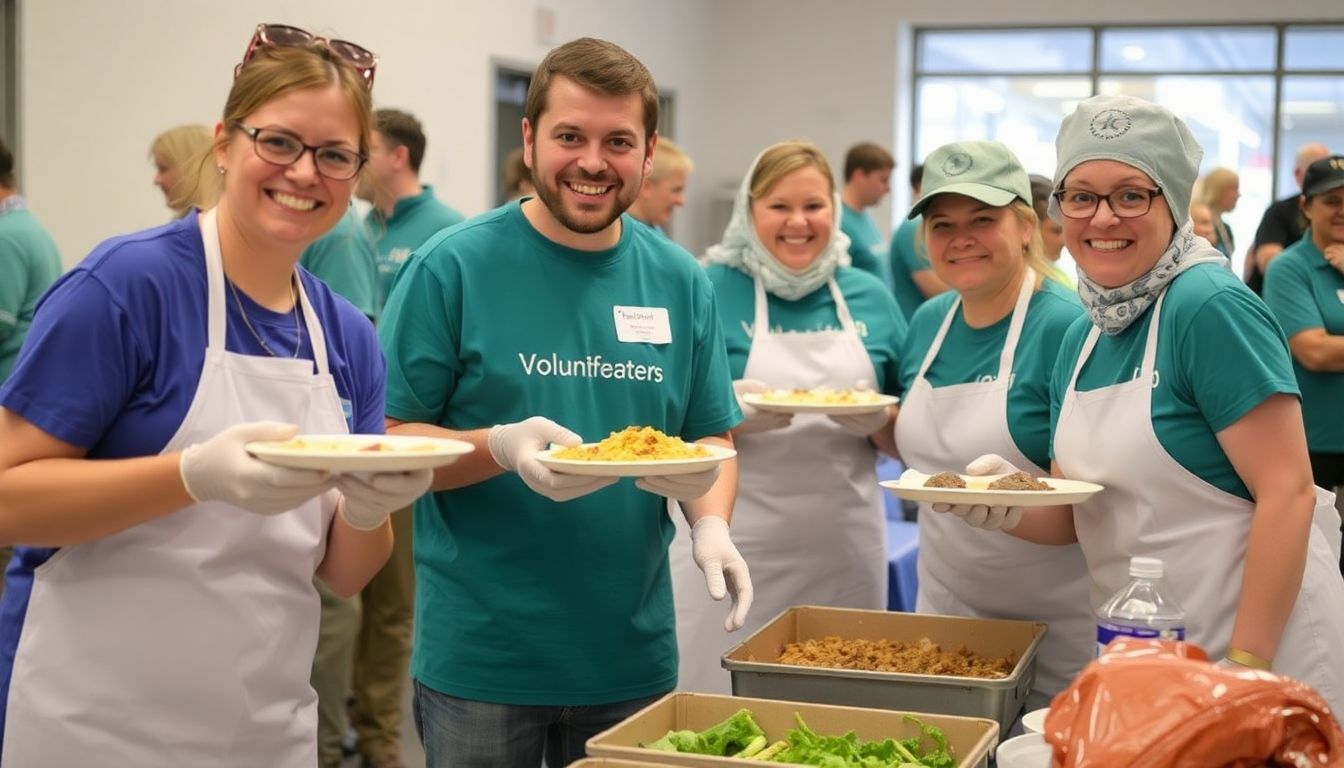 Volunteers serving food, with smiles on their faces, showing the joy of giving back.