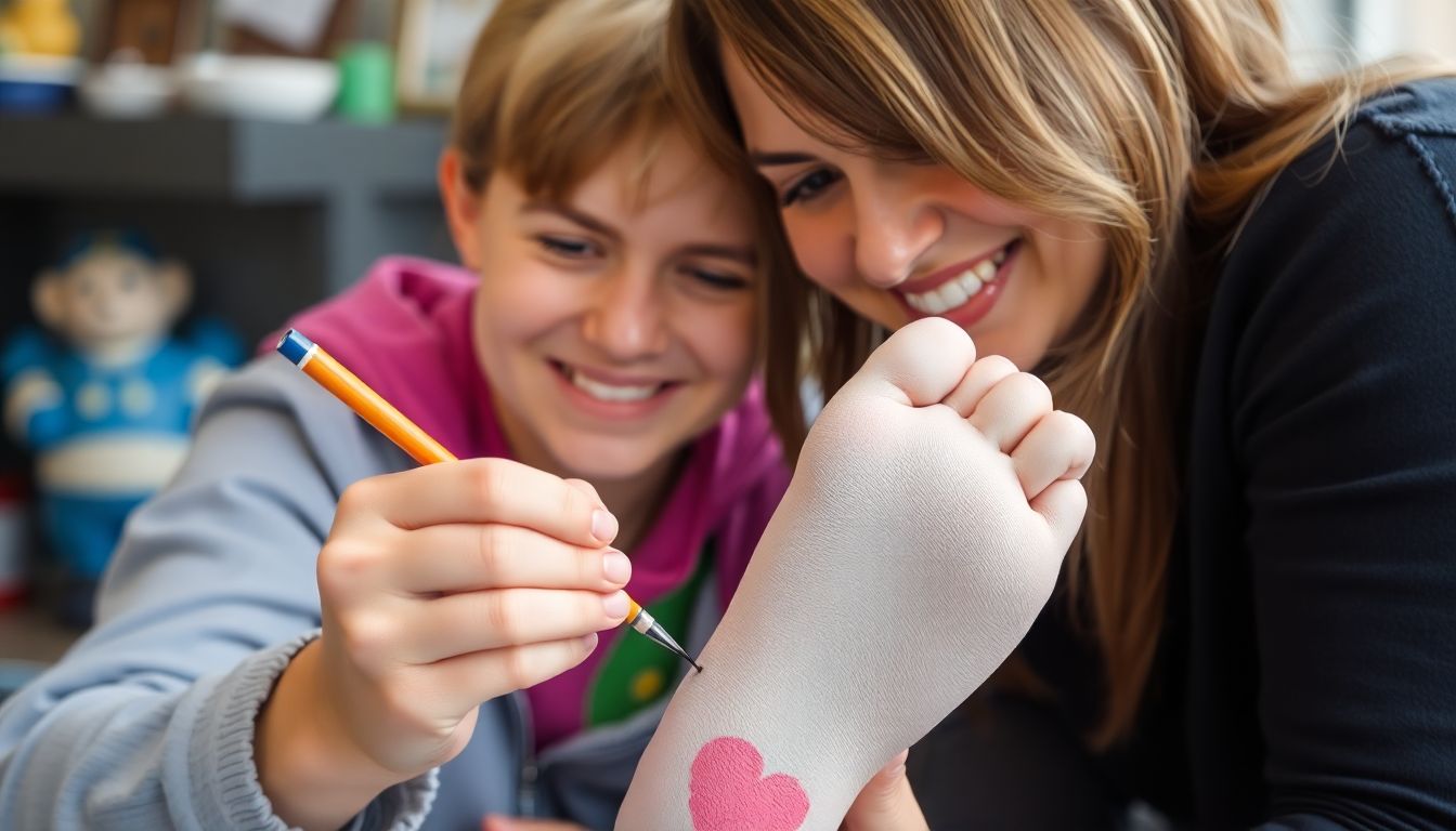 A close-up of Beth Lewis painting a child's foot, with the child and Beth both smiling.