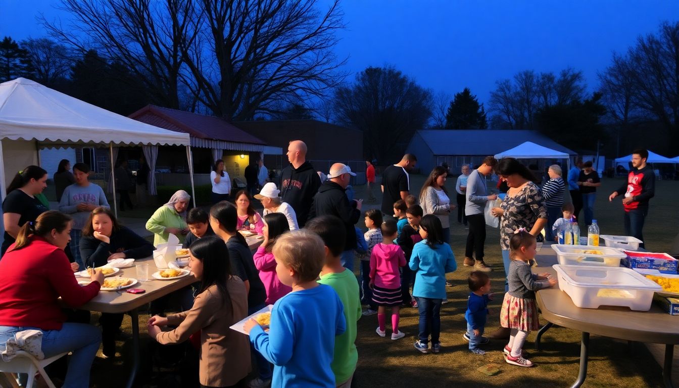 A wide shot of the event, showing families enjoying hot meals, children playing, and volunteers helping out.