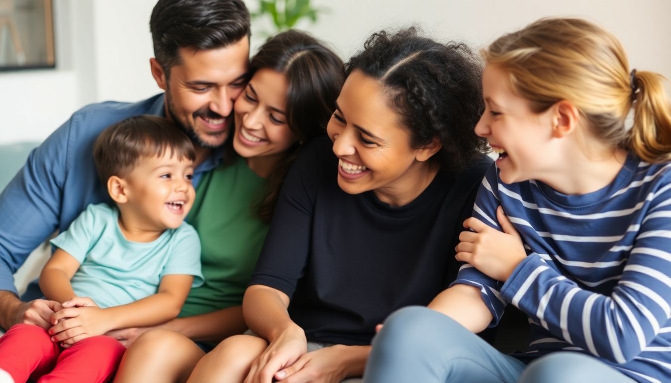 A group of parents and children sitting together, laughing and enjoying each other's company.