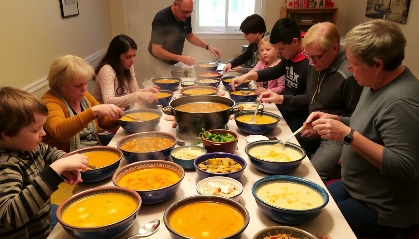 A table laden with hot, steaming soups and other dishes, with families helping themselves.