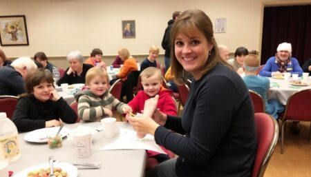 A joyful scene at the Children's Resource Center's Soup with Santa event, with Beth Lewis painting a child's foot for a craft, surrounded by smiling families enjoying hot meals and festive activities.