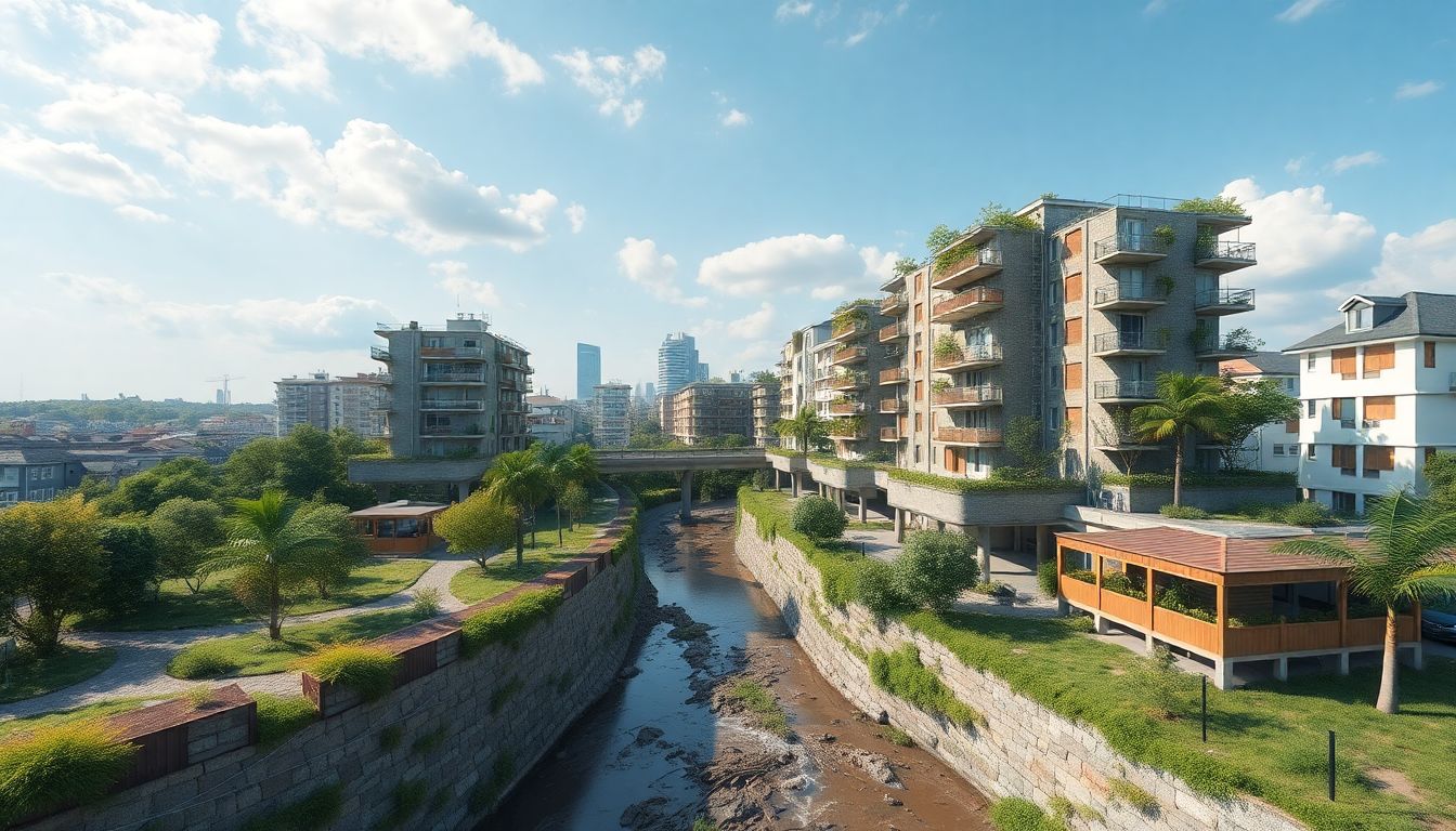 A conceptual image of a climate-resilient city, with green infrastructure, elevated buildings, and improved drainage systems, showcasing a future prepared for climate change.