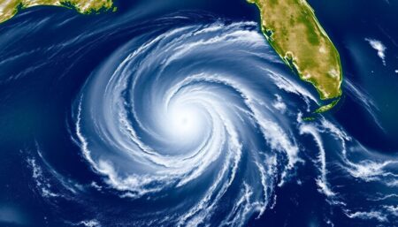 A dramatic satellite image of Hurricane Helene approaching the Florida panhandle, with visible storm surges and heavy rainfall bands, against a backdrop of the warm, climate-changed Gulf of Mexico.