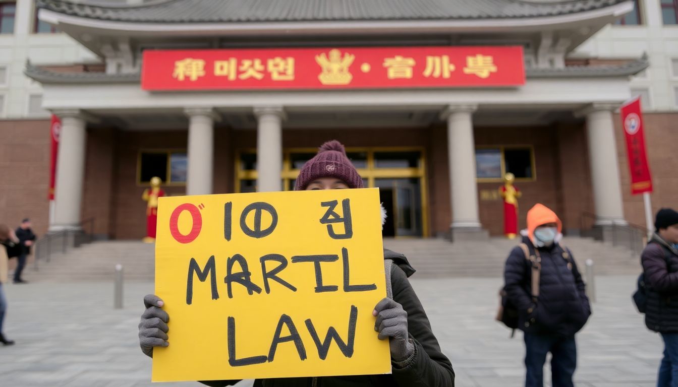 A protester holding a sign that reads 'No to Martial Law' in front of the South Korean presidential office