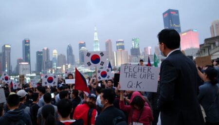 A tense crowd gathered in Seoul, the capital of South Korea, as the nation grapples with political unrest. Protesters hold signs, some displaying the national flag, others bearing messages of dissent. The city's iconic skyline, with its towering skyscrapers and neon lights, serves as a backdrop to the scene. In the foreground, a Bloomberg journalist stands, ready to report on the live Q&A session about the potential impacts of the chaos on the nation and its stock market.