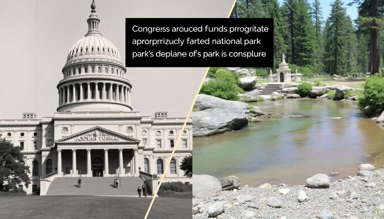 A historical photograph of Congress appropriating funds for a previously affected national park, with a modern-day comparison showing the park's recovery.