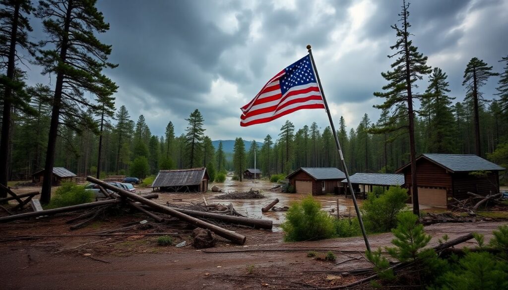 A dramatic image of a storm-ravaged national park, with fallen trees, flooded trails, and damaged infrastructure, set against the backdrop of a stormy sky, with the U.S. flag waving in the foreground to symbolize the need for aid and resilience.