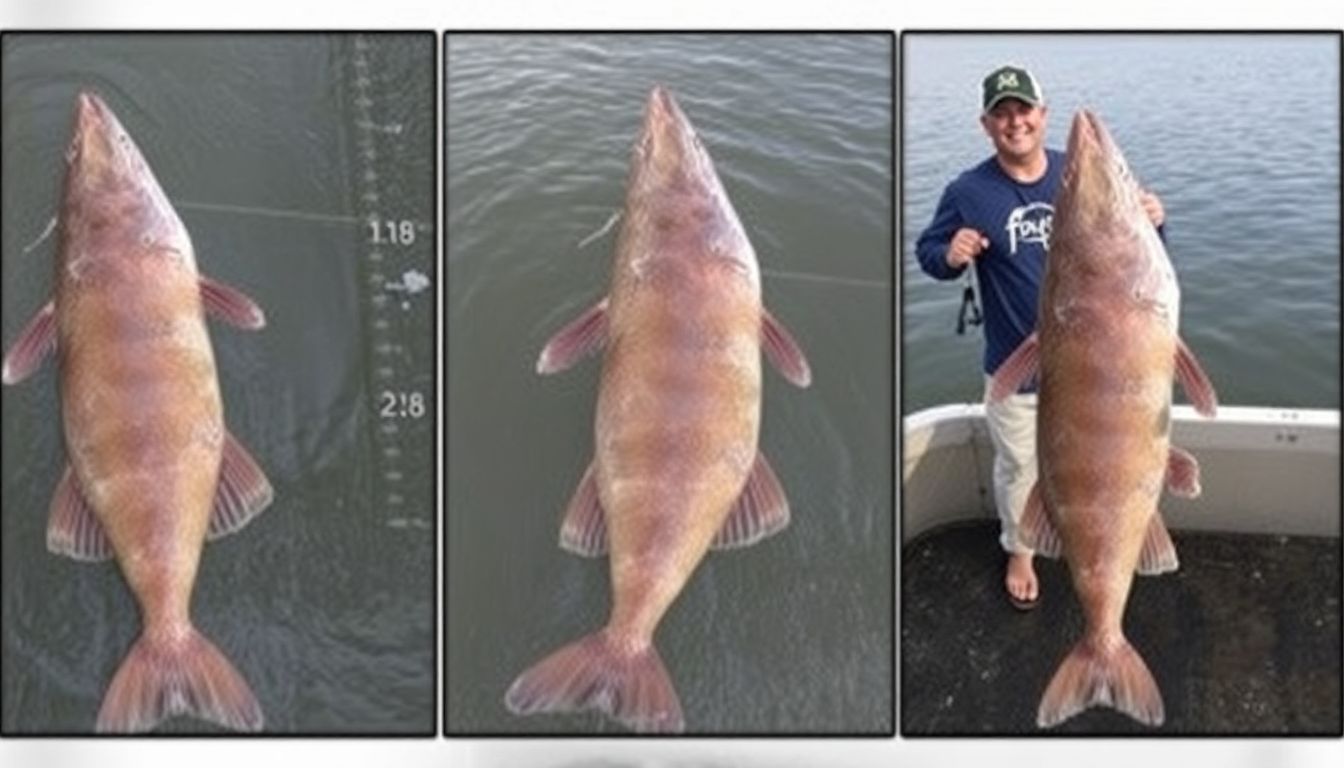 A collage of images showing the three giant catfish caught on Tuesday, with their measurements and weights clearly visible.