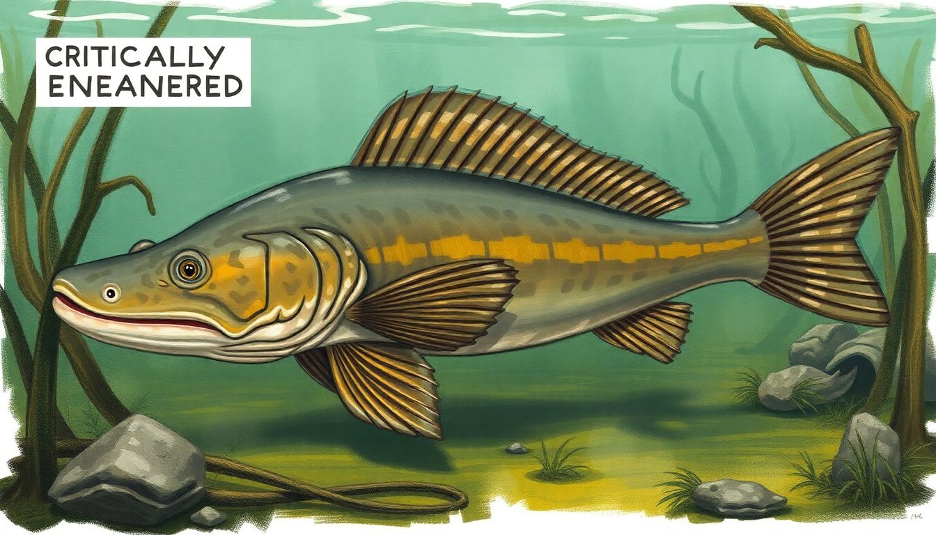 An artist's illustration of a giant catfish in its natural habitat, with a 'Critically Endangered' label.