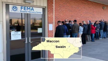 A photo of a FEMA Disaster Recovery Center with people lined up outside, with a 'Closed' sign on the door, and a map of North Carolina with Macon and Swain counties highlighted