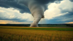 A dramatic image of a tornado touching down in a field, with a backdrop of a stormy sky and a small town in the distance, representing the power and unpredictability of nature's wrath.