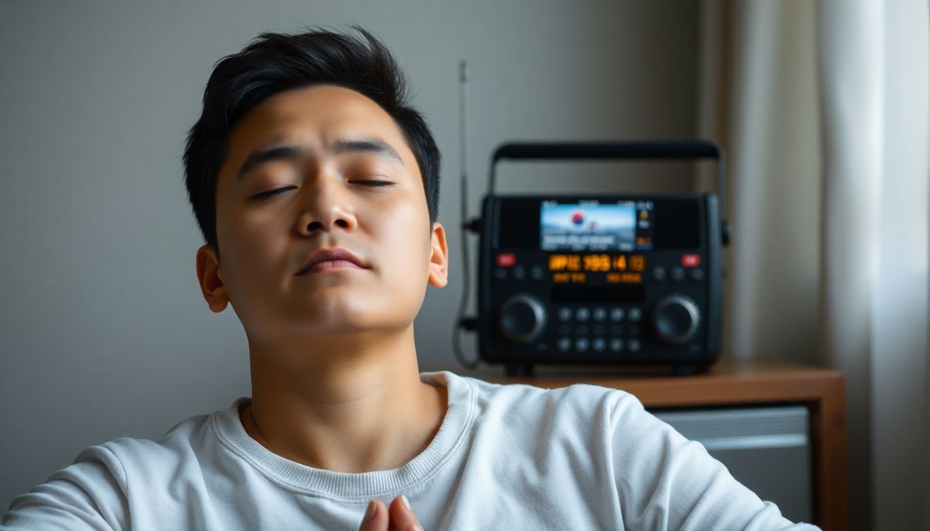 A person meditating or practicing deep breathing exercises, with a radio or smartphone playing live news updates about the South Korean crisis in the background.