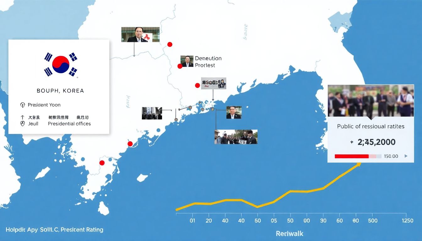 A map of South Korea with highlighted key locations, including the presidential office, detention facilities, and protest sites, accompanied by a graph showing the public's approval rating of President Yoon.