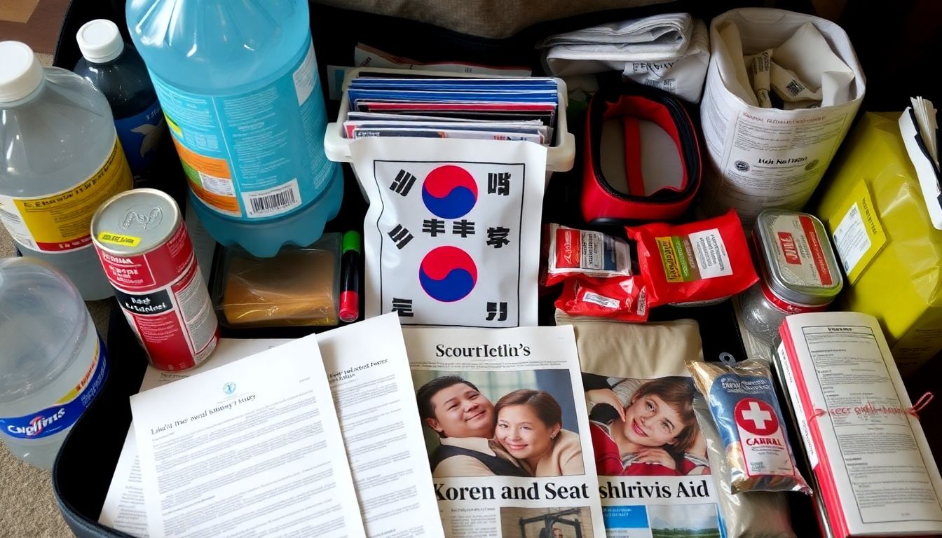 A well-stocked emergency supply kit, including essentials like water, food, first aid supplies, and important documents, with a newspaper headline about the South Korean crisis in the background.