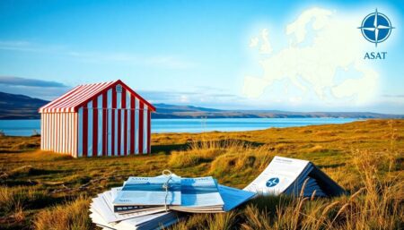 A serene Scandinavian landscape with a red and white striped emergency shelter, a stack of informative pamphlets, and a map of NATO expansion in the background.