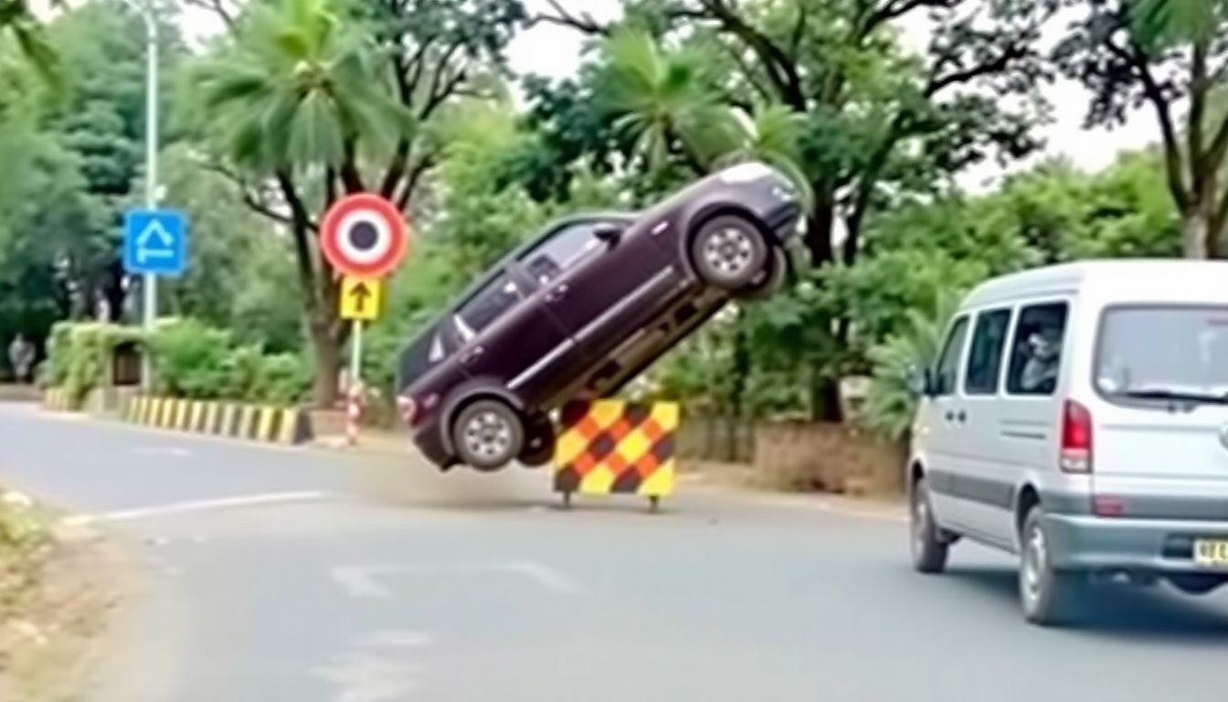 A still from the viral video showing a vehicle jumping off the unmarked speed breaker in Dehradun