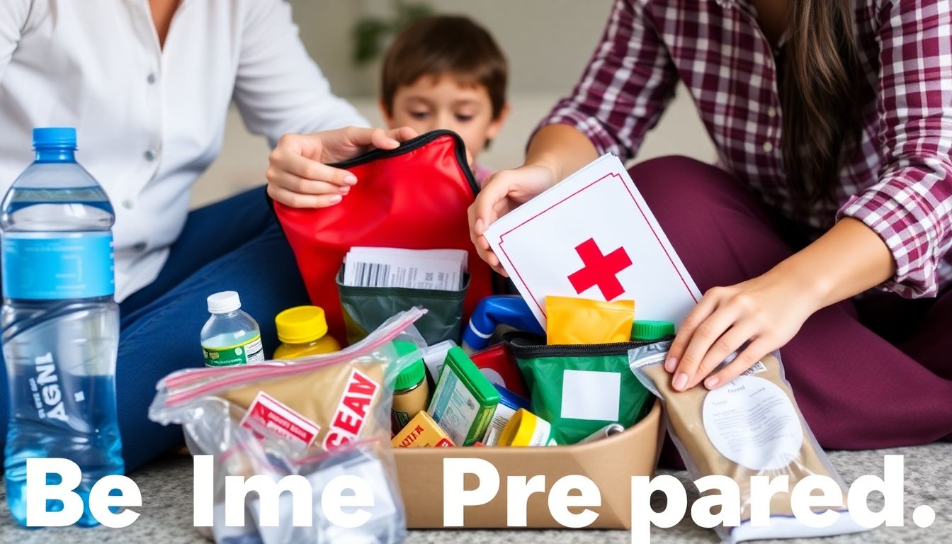 A family preparing an emergency kit, with supplies such as water, non-perishable food, a first-aid kit, and important documents, symbolizing the importance of being prepared