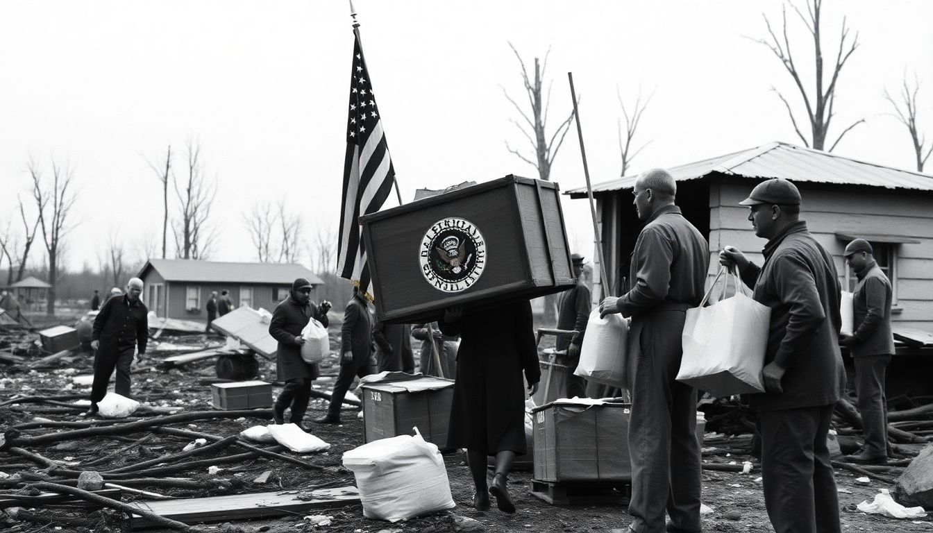 A historic image of the federal government providing aid to a disaster-stricken community, symbolizing the importance of government intervention in such situations